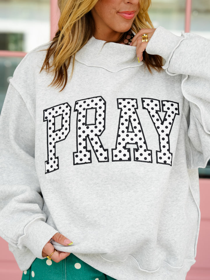 Long Sleeve Embroidered Polka Dot PRAY Mock Neck Sweatshirt