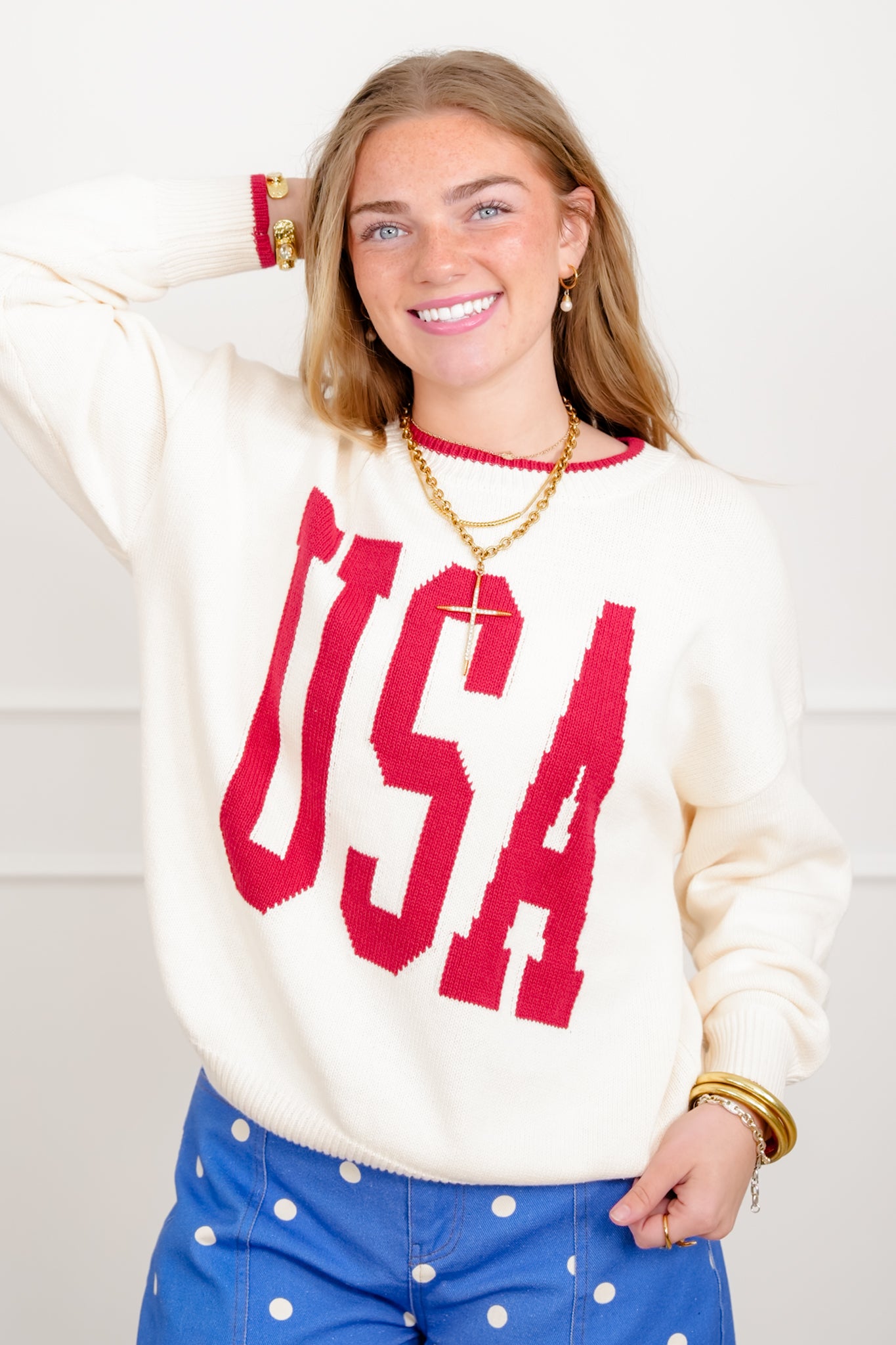 Knit Long Sleeve "USA" Crew Neck Sweater