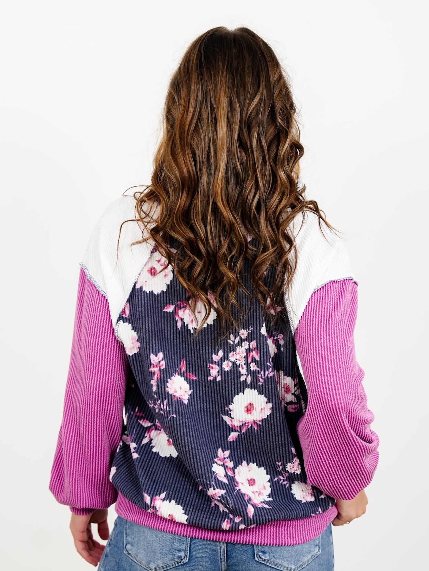 Plus/Reg Floral Body Print And Color Block Sleeves Rib Knit Sweatshirt