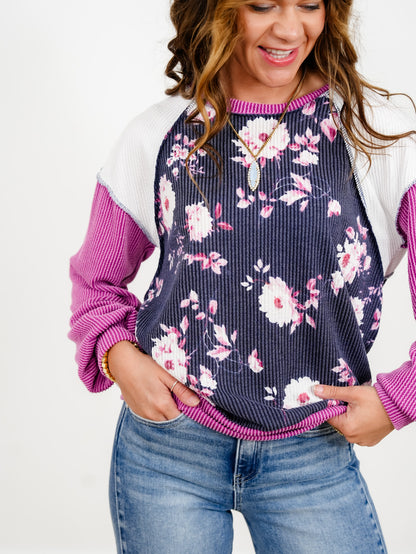 Plus/Reg Floral Body Print And Color Block Sleeves Rib Knit Sweatshirt