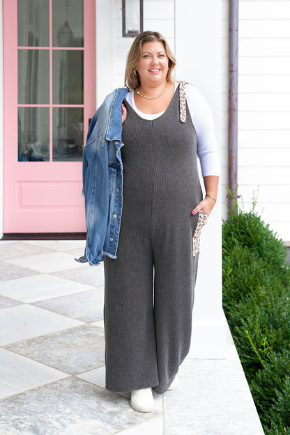 Plus/Reg Solid Ribbed Jumpsuit with Animal Print