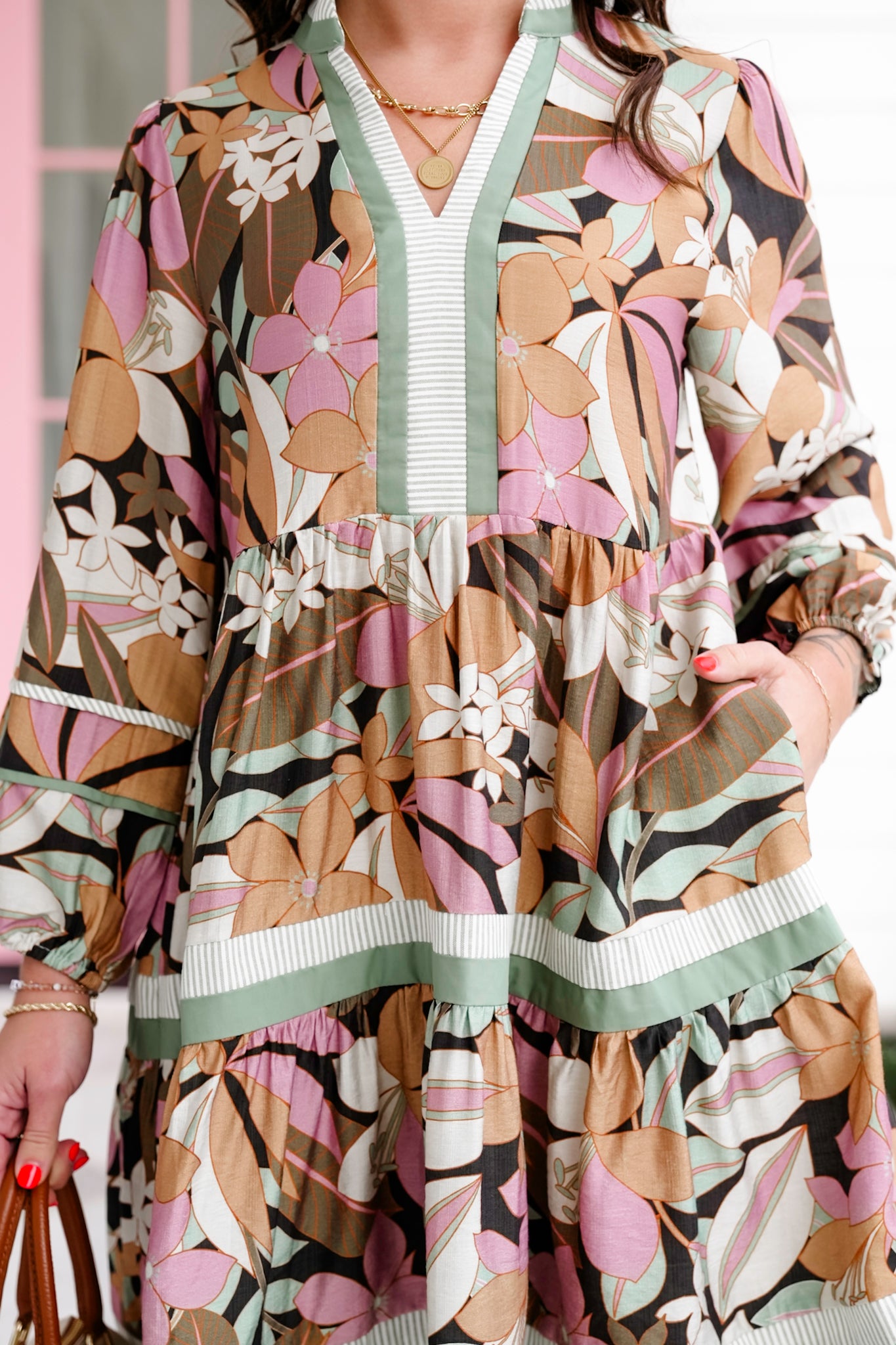 Floral Print Long Sleeve Tiered Dress with Stripes