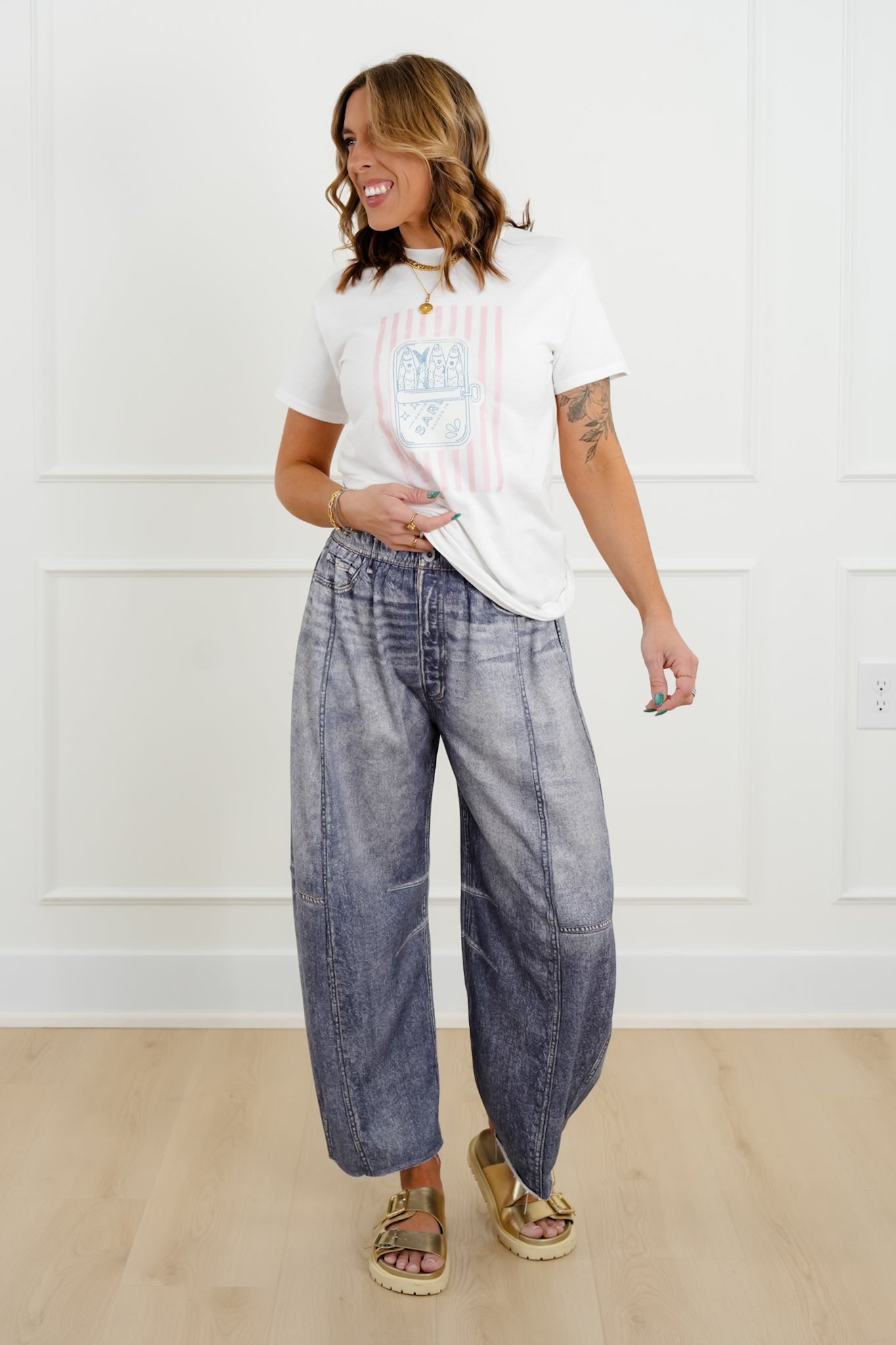 Plus/Reg Acid Wash Print Elastic Waist Barrel Pants
