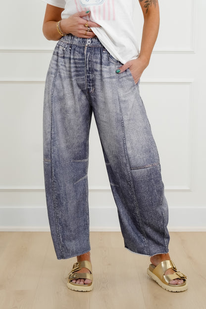 Plus/Reg Acid Wash Print Elastic Waist Barrel Pants