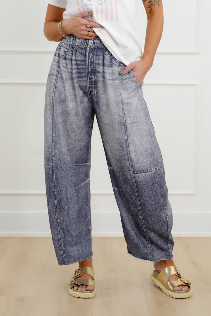 Plus/Reg Acid Wash Print Elastic Waist Barrel Pants