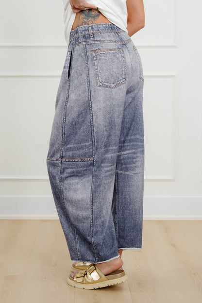 Plus/Reg Acid Wash Print Elastic Waist Barrel Pants