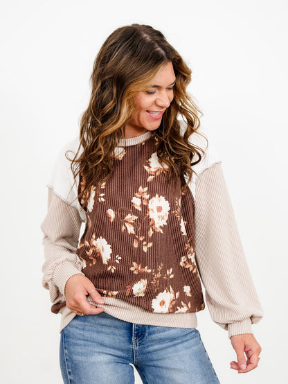Plus/Reg Floral Body Print And Color Block Sleeves Rib Knit Sweatshirt