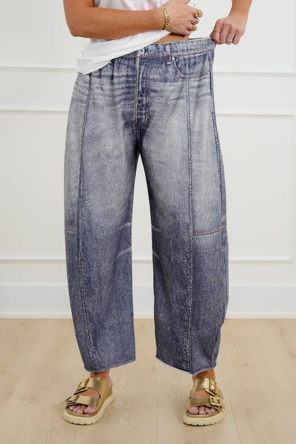 Plus/Reg Acid Wash Print Elastic Waist Barrel Pants