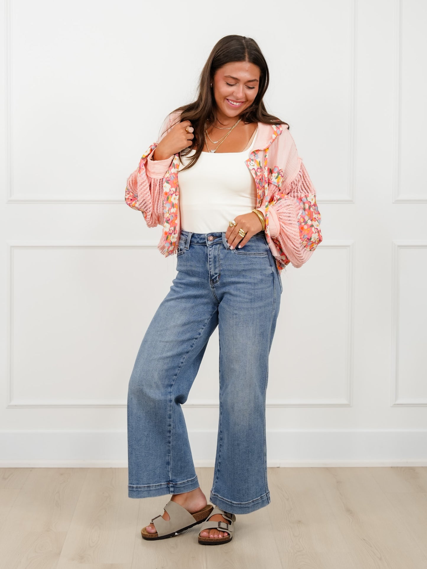 POL Gauze Long Sleeve Cropped Hooded Jacket with Floral Detail