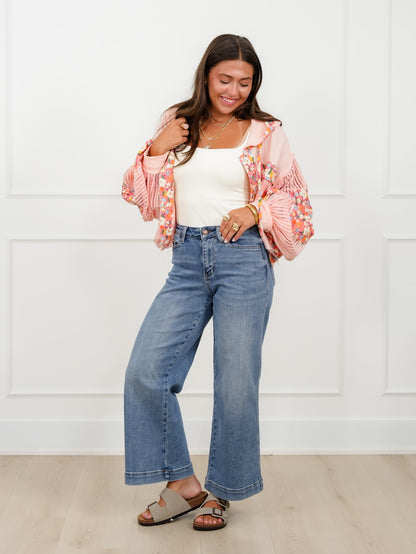 POL Gauze Long Sleeve Cropped Hooded Jacket with Floral Detail
