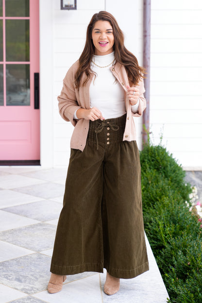 Corduroy Elastic Waist Button Fly Wide Leg Pants