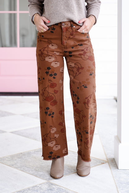 Floral Print Washed Stretch Twill Pants