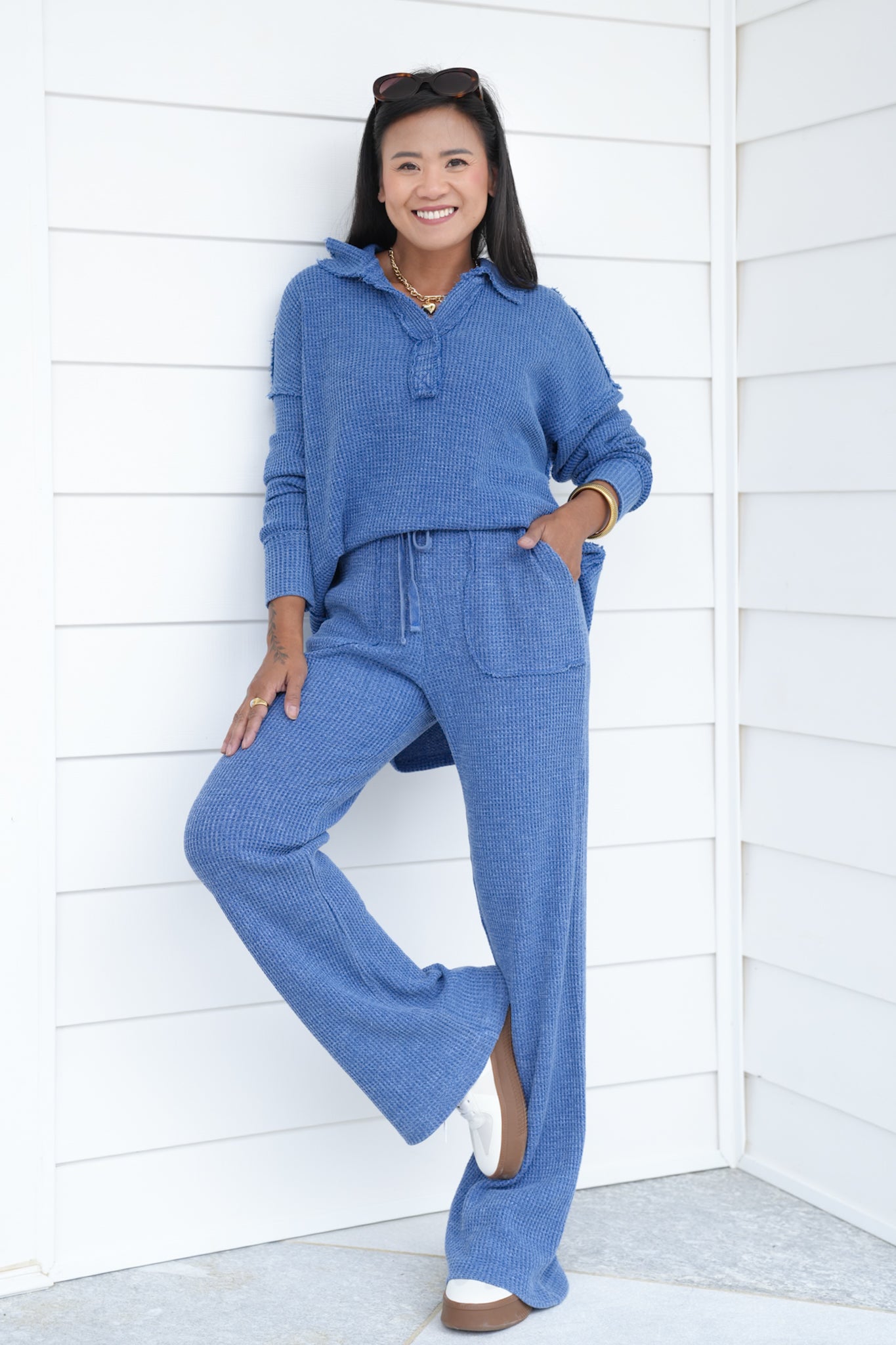 Waffle Knit Elastic Waist Straight Leg Sweatpants