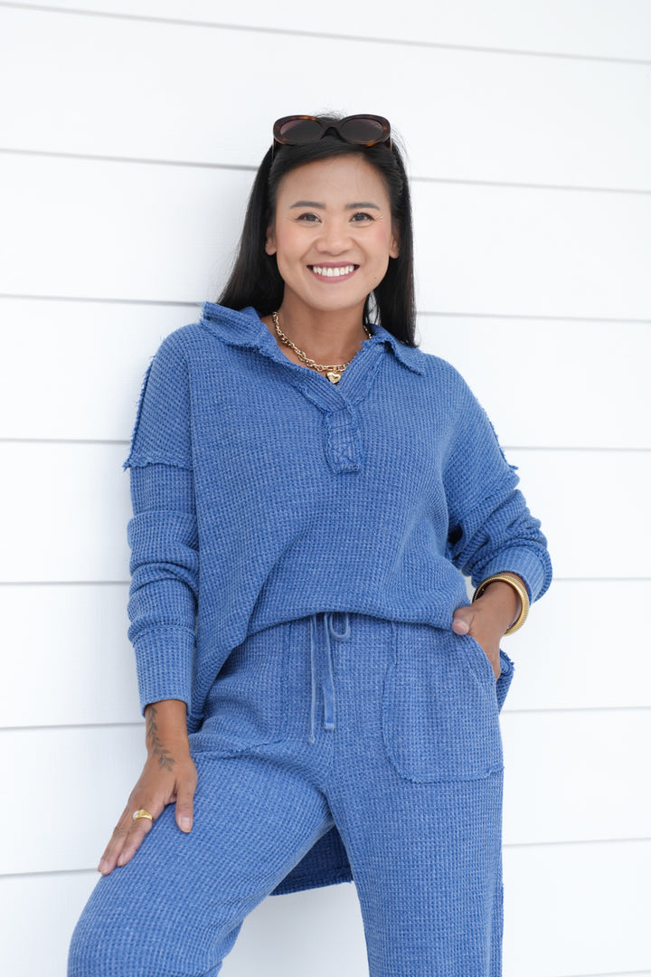 Mineral Washed Waffle Knit Long Sleeve Top