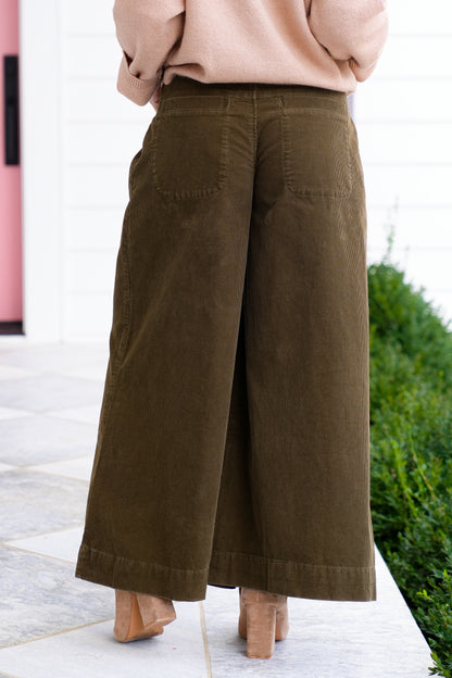 Corduroy Elastic Waist Button Fly Wide Leg Pants
