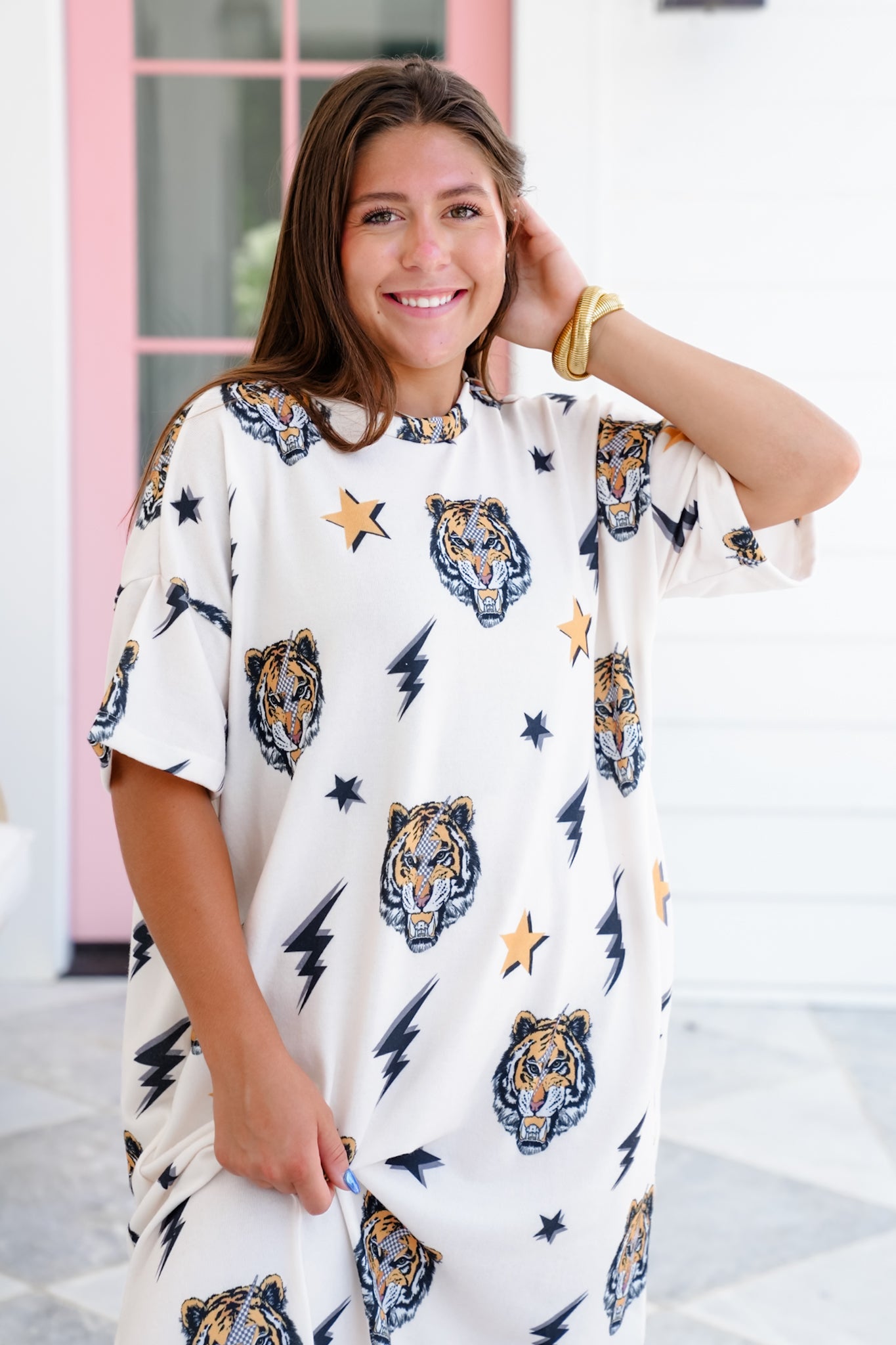 Tiger Print Short Sleeve Midi Dress