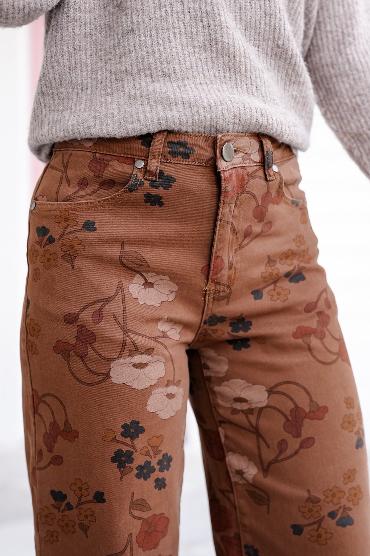 Floral Print Washed Stretch Twill Pants