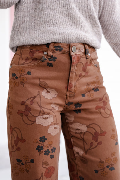 Floral Print Washed Stretch Twill Pants