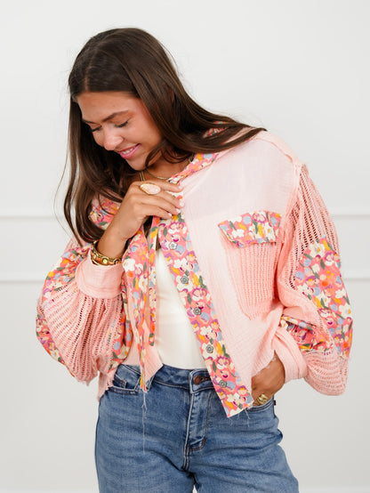 POL Gauze Long Sleeve Cropped Hooded Jacket with Floral Detail