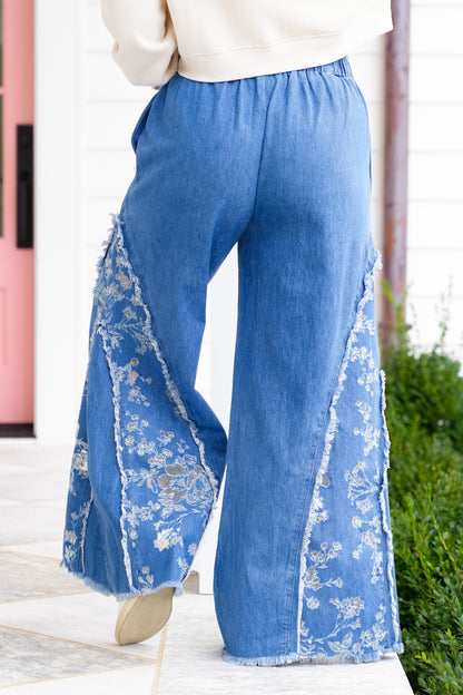 Medium Wash Elastic Waist Wide Leg Pants with Floral Panels