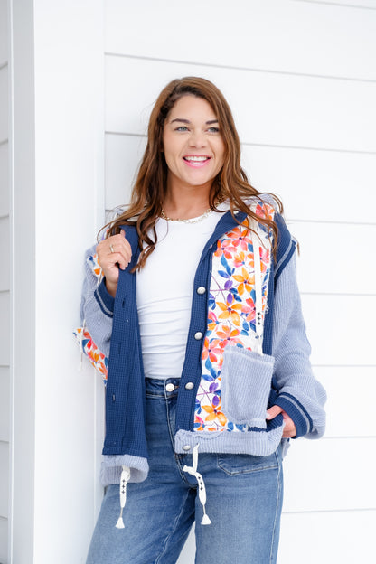 POL Floral Print Long Sleeve Button Up Hoodie Jacket