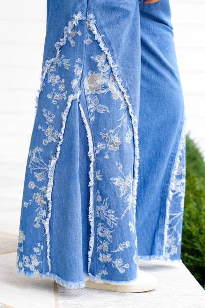 Medium Wash Elastic Waist Wide Leg Pants with Floral Panels