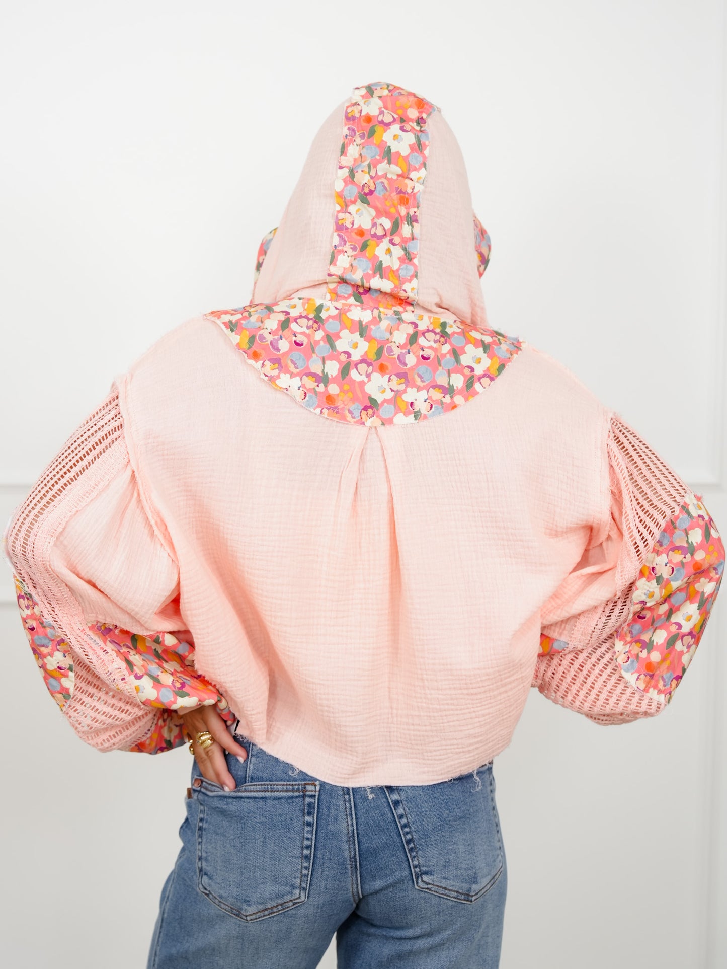 POL Gauze Long Sleeve Cropped Hooded Jacket with Floral Detail