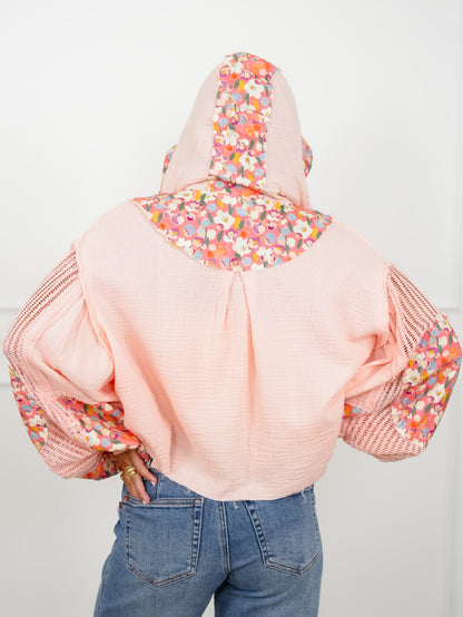 POL Gauze Long Sleeve Cropped Hooded Jacket with Floral Detail