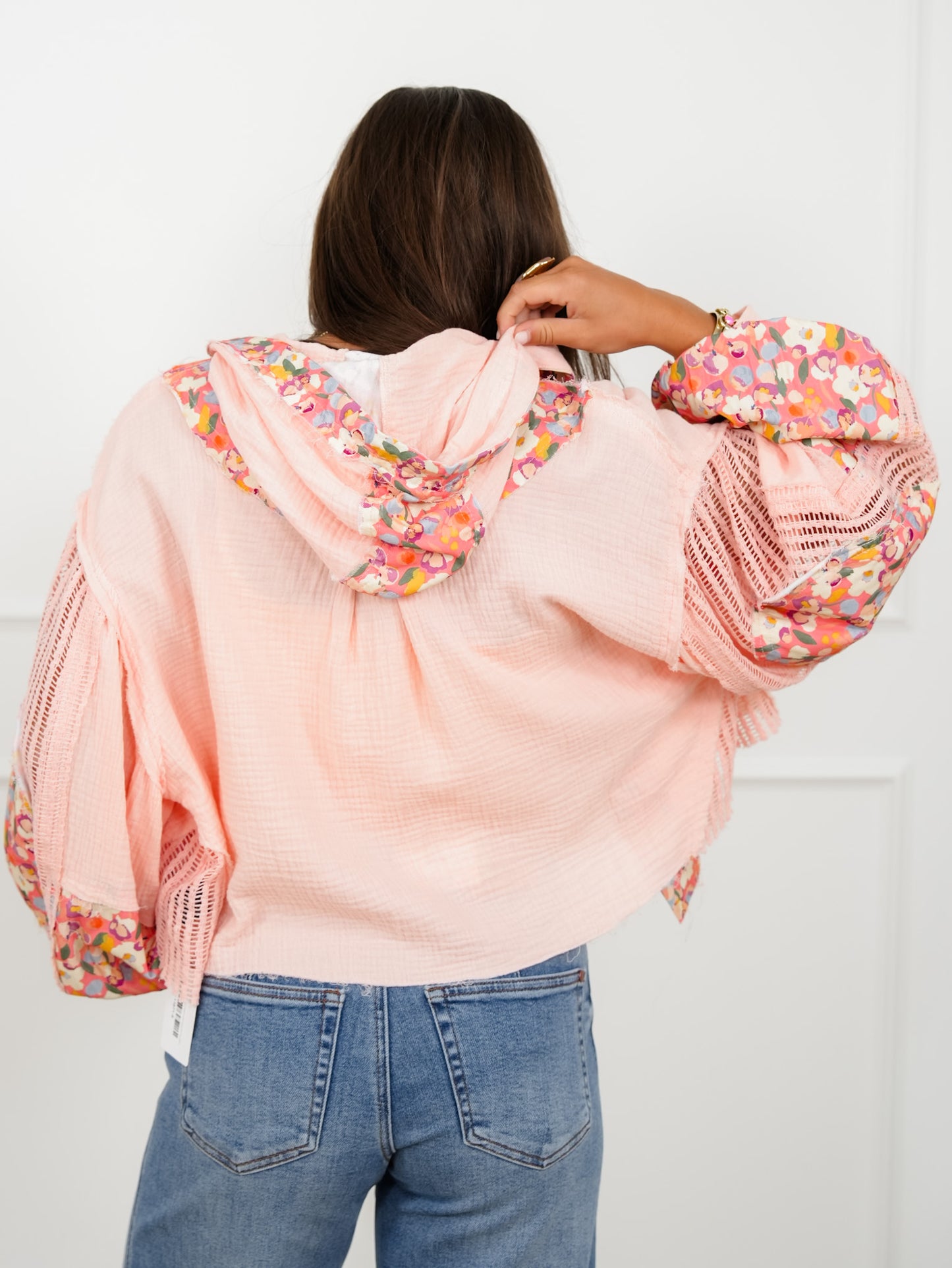 POL Gauze Long Sleeve Cropped Hooded Jacket with Floral Detail