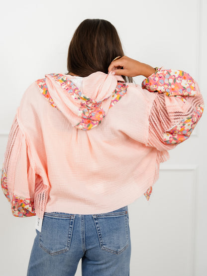 POL Gauze Long Sleeve Cropped Hooded Jacket with Floral Detail