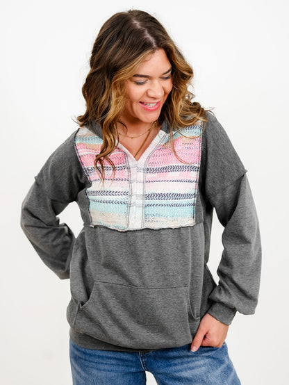 Plus/Reg Multi Color Contrast and Solid Knit Hoodie Top