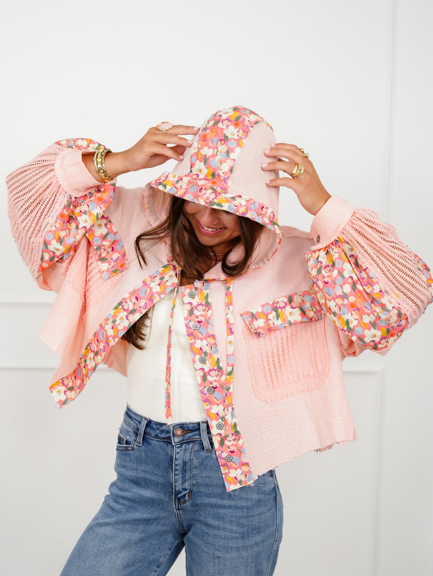 POL Gauze Long Sleeve Cropped Hooded Jacket with Floral Detail