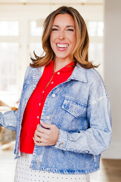 Acid Wash Print Long Sleeve Button Down Shacket