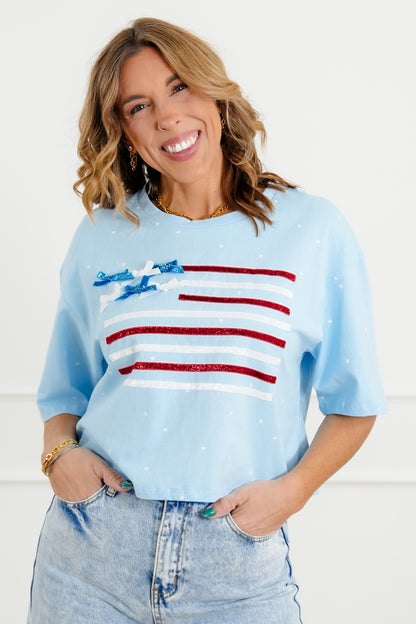 Restock! Short Sleeve Ribbon American Flag Top with Bow Detail