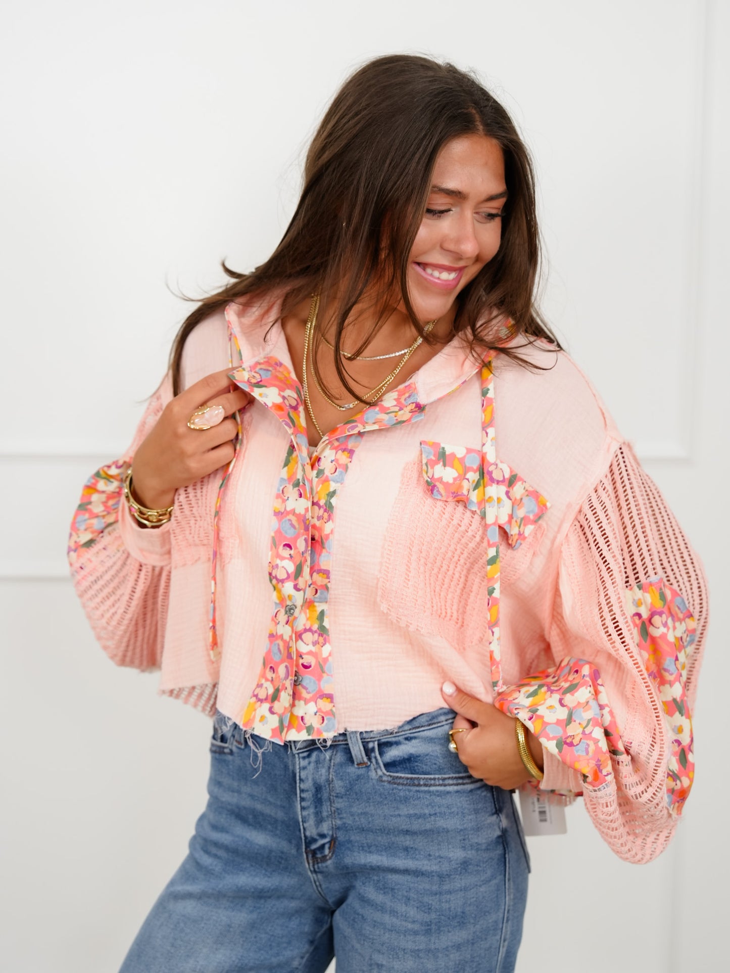 POL Gauze Long Sleeve Cropped Hooded Jacket with Floral Detail