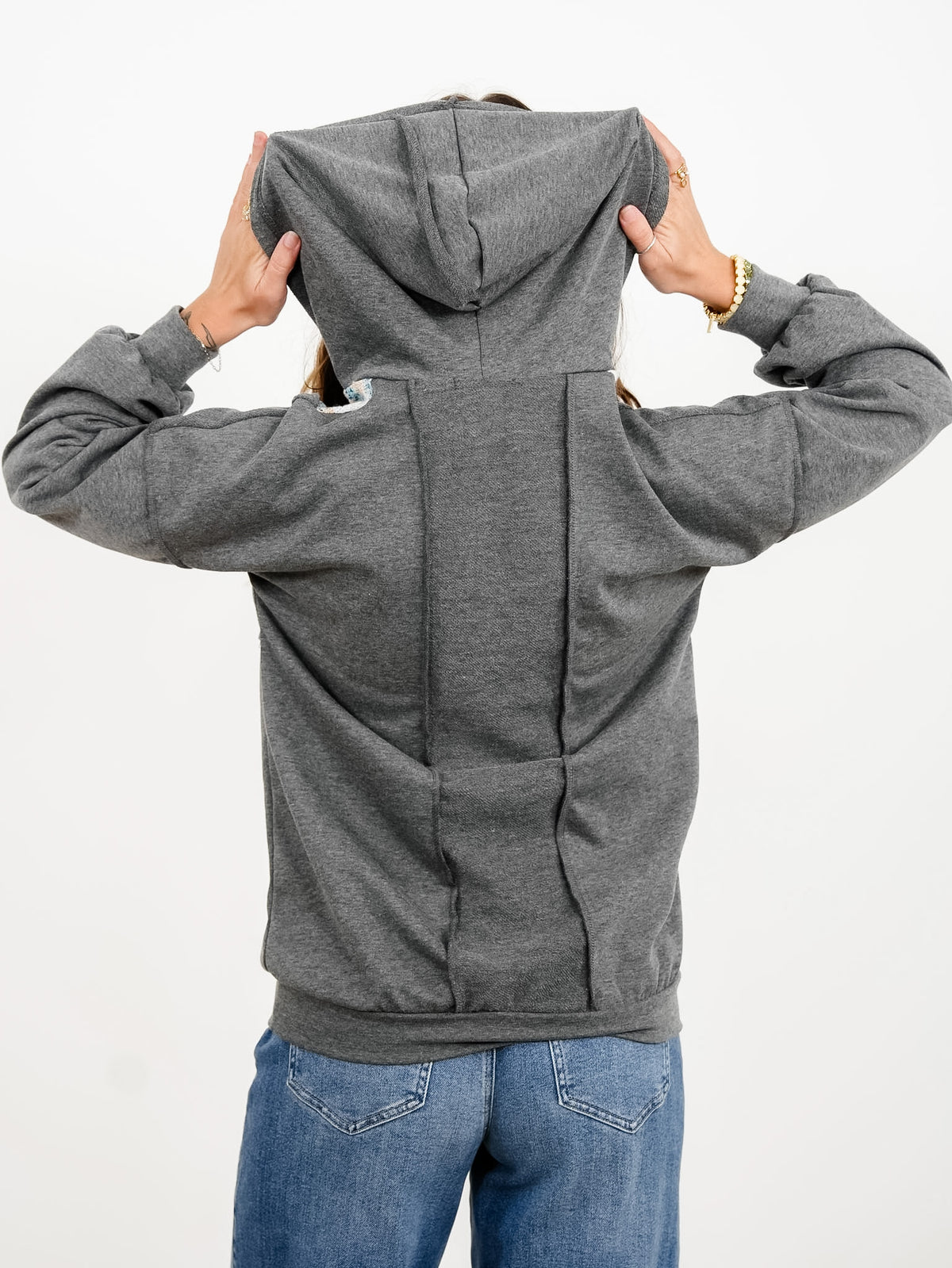 Plus/Reg Multi Color Contrast and Solid Knit Hoodie Top