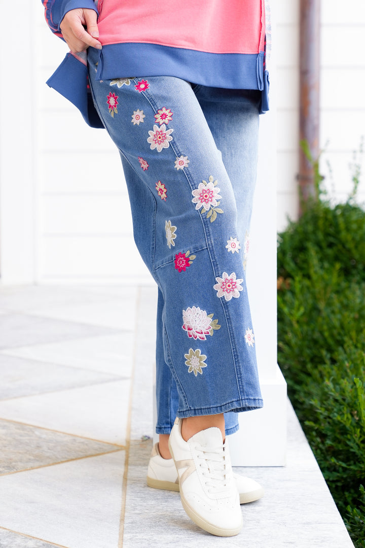 Medium Wash Denim Jeans with Floral Embroidery