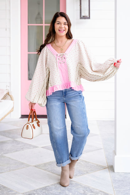 POL Floral Print Long Sleeve V-Neck Top