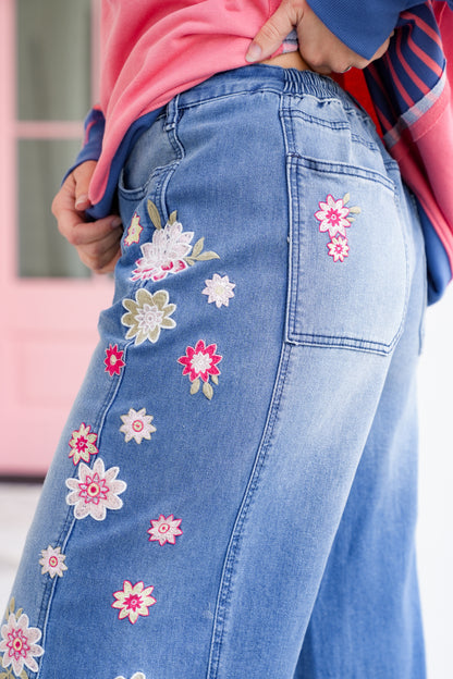 Medium Wash Denim Jeans with Floral Embroidery