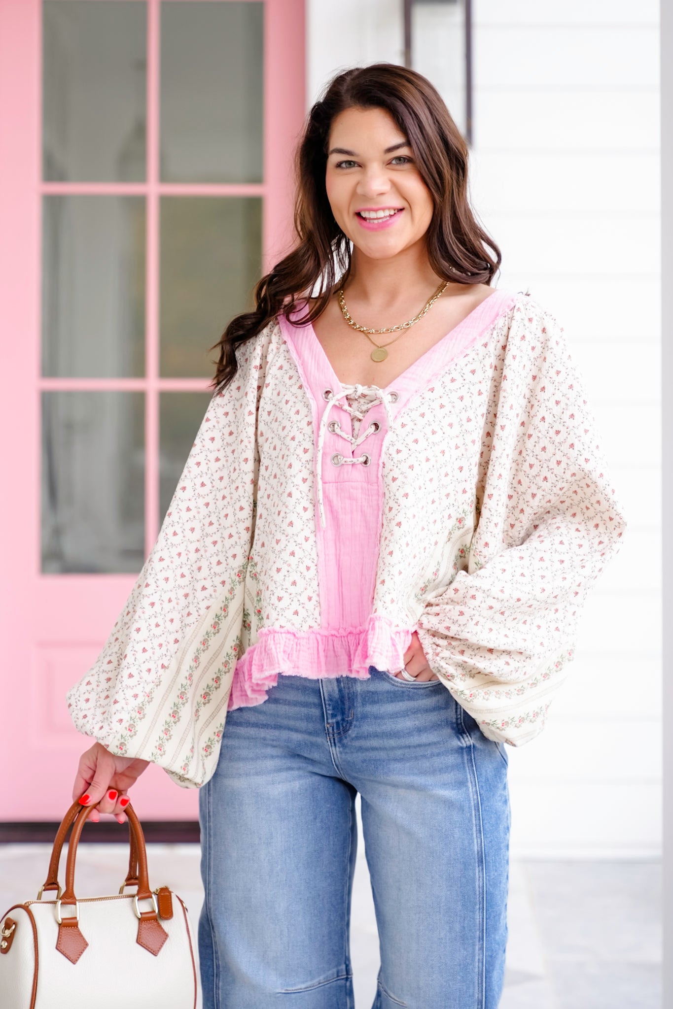 POL Floral Print Long Sleeve V-Neck Top