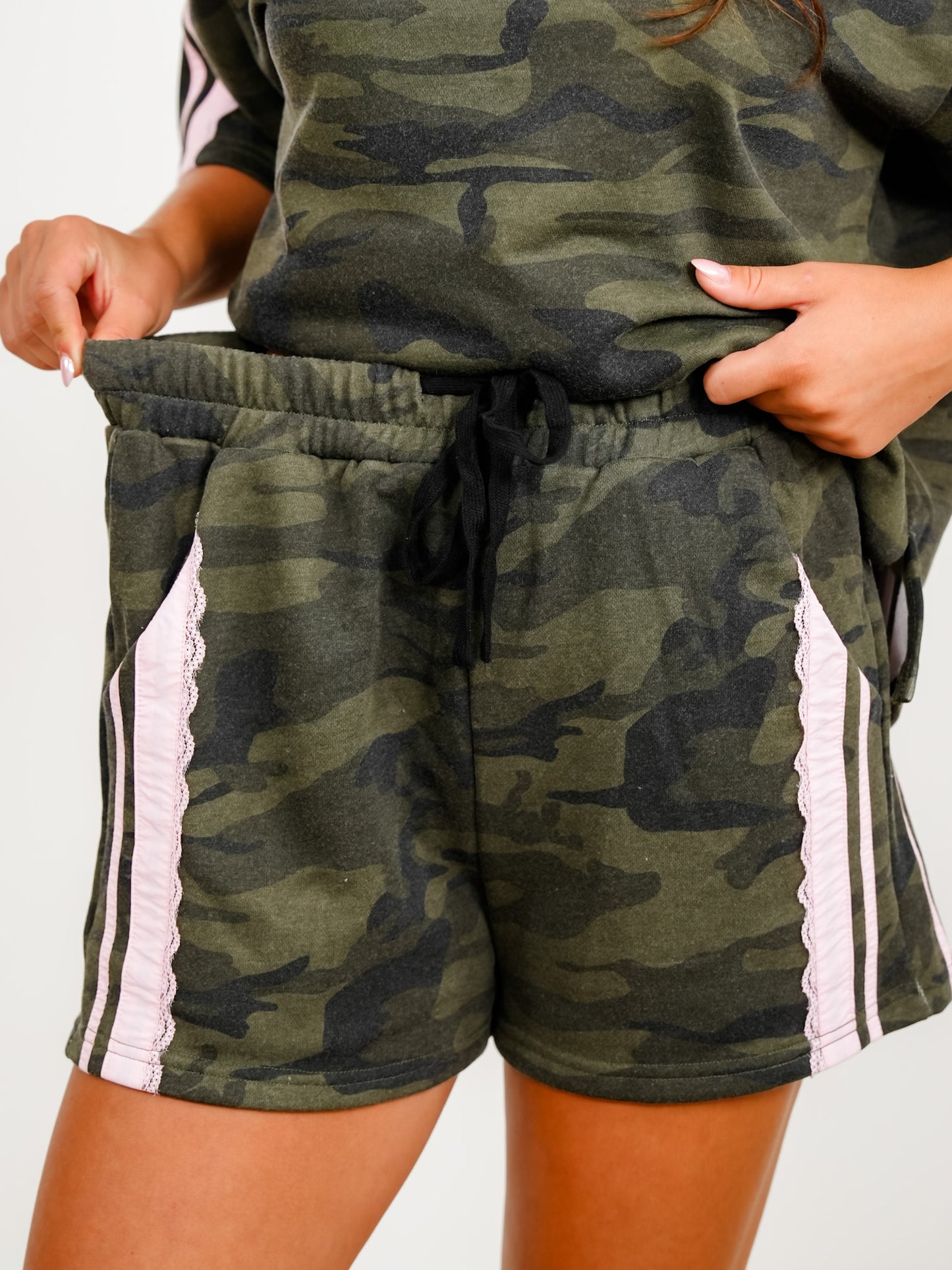 Camo Print Elastic Waist Shorts with Lace Trim - Freckled Poppy