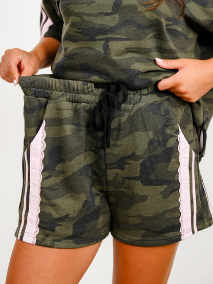 Camo Print Elastic Waist Shorts with Lace Trim - Freckled Poppy