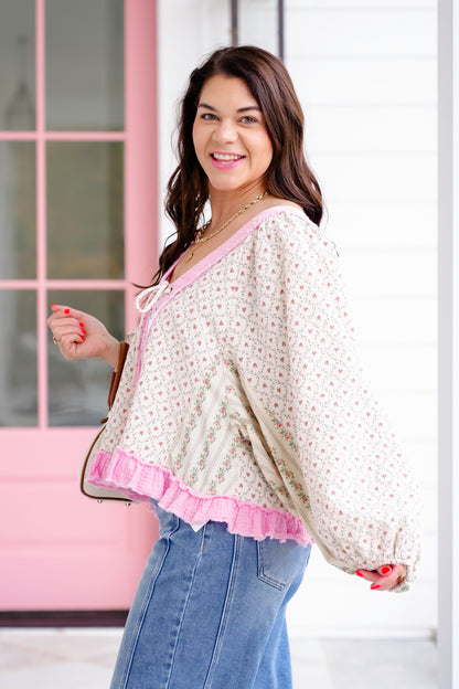 POL Floral Print Long Sleeve V-Neck Top