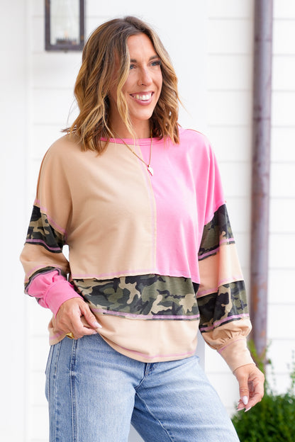 Color Block Long Sleeve Top with Camo