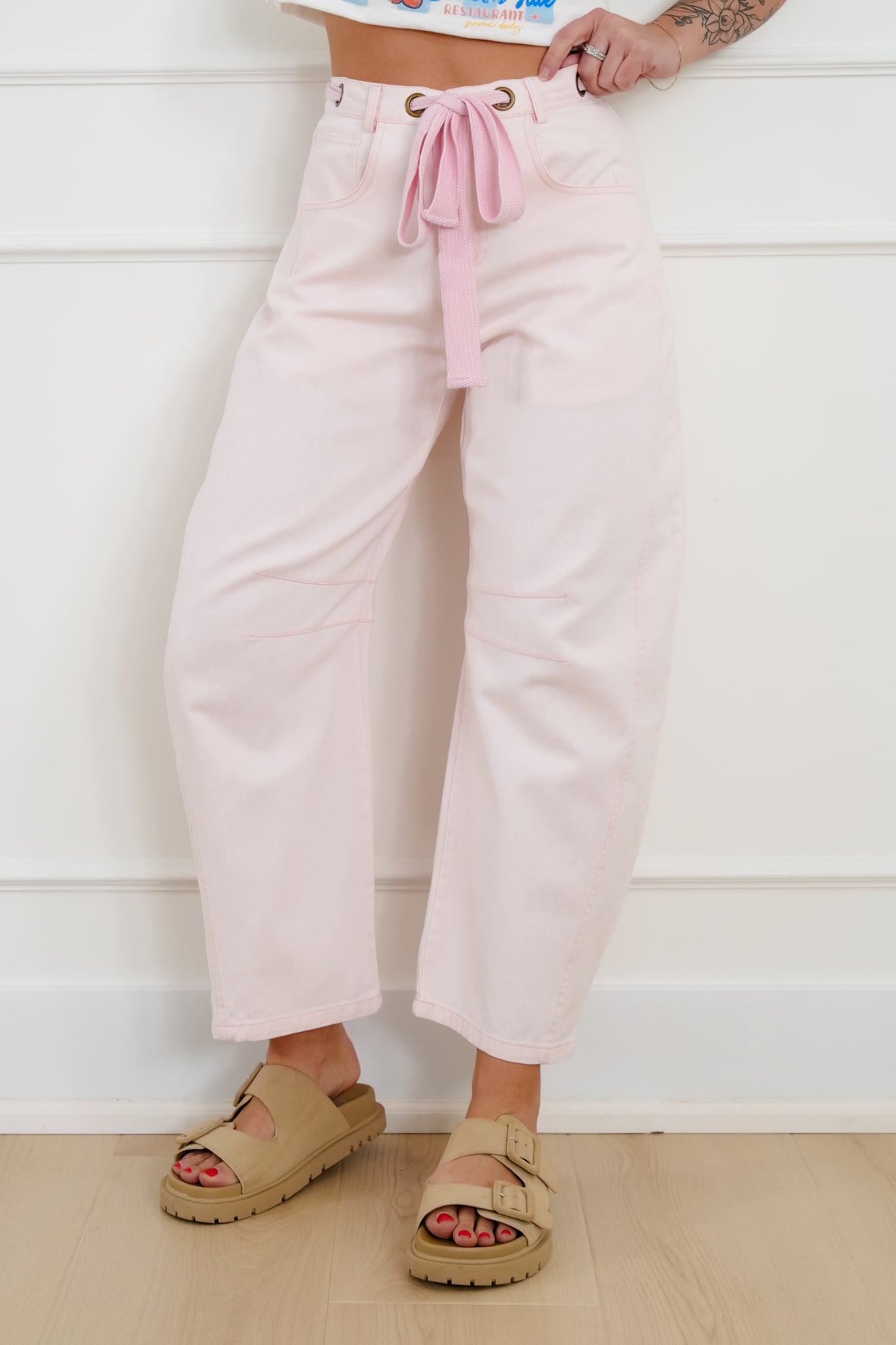 Wash High Waist Barrel Pants with Belt
