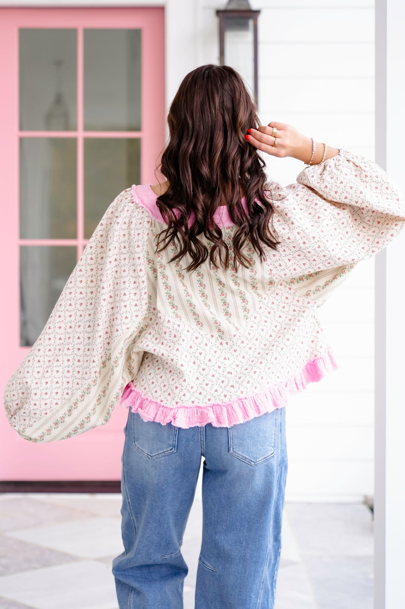 POL Floral Print Long Sleeve V-Neck Top
