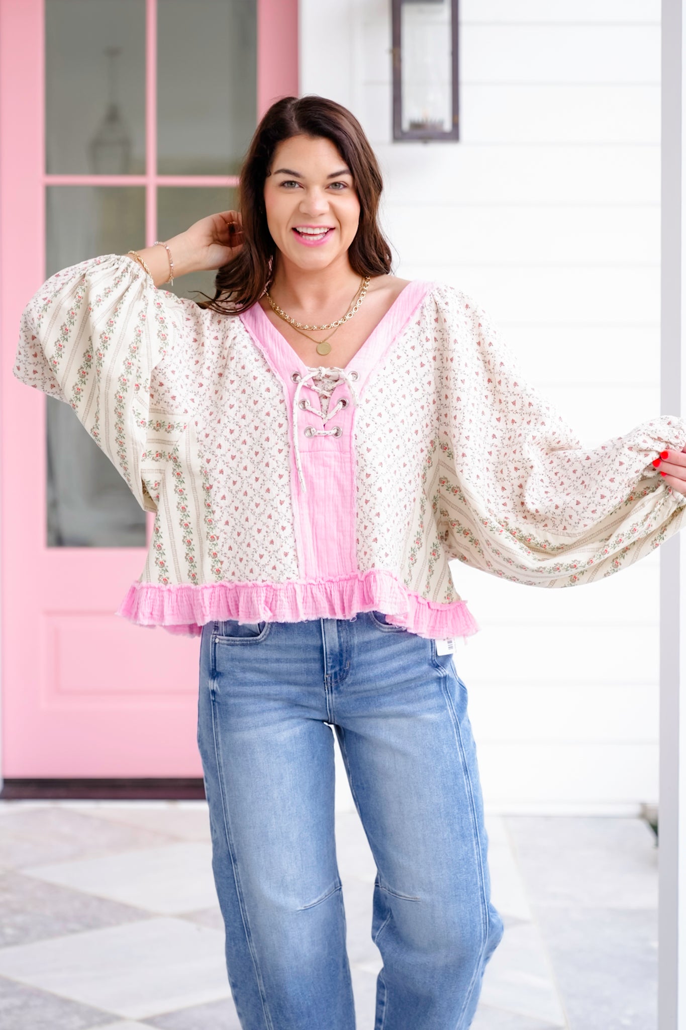 POL Floral Print Long Sleeve V-Neck Top