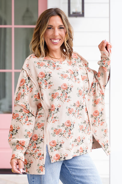 Floral Waffle Knit Long Sleeve Pullover Top