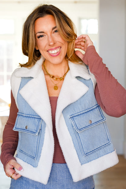Light Wash Sherpa Lined Vest with Front Pockets