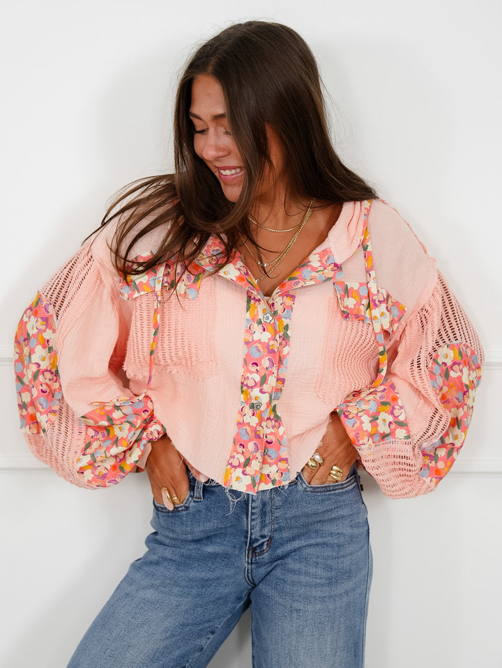 POL Gauze Long Sleeve Cropped Hooded Jacket with Floral Detail